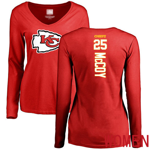 Women Football Kansas City Chiefs #25 McCoy LeSean Red Backer Slim Fit Long Sleeve T-Shirt